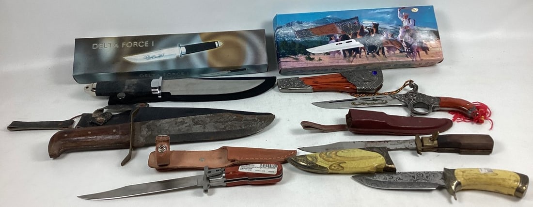Lot of 6 Large Knives: All are made in China or Pakistan. Two have storage rust. Two have their boxes. Longest 14 1/2"