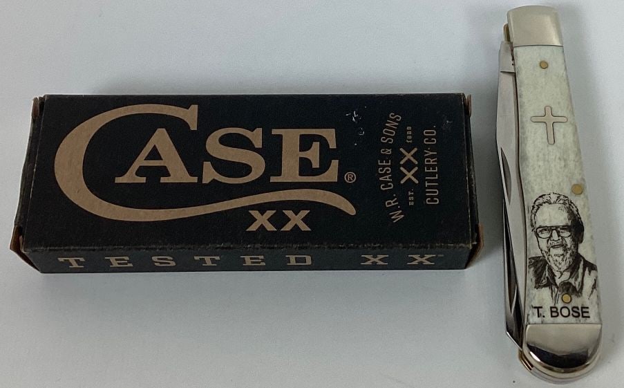 Case XX 6254SS Tony Bose Memorial Trapper Pocketknife: Natural bone handles. In original box. 4 1/8" long closed.