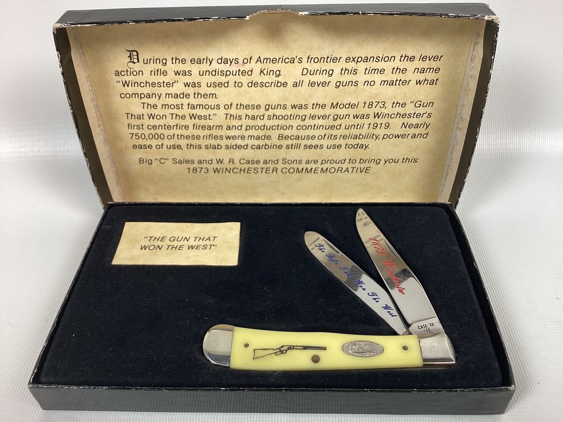 Case XX 1873 Winchester Limited Edition Trapper Pocketknife: Synthetic yellow handles. #111. Original box shows wear. 4 1/8"long closed.