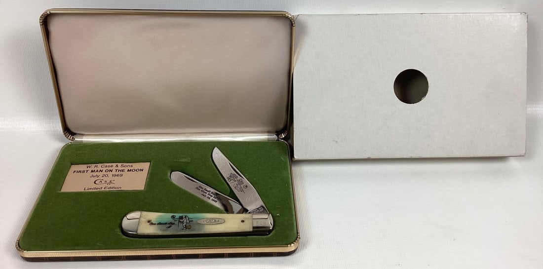Case XX First Man on the Moon Limited Edition Trapper Pocketknife: #349. Natural bone handles. In original box with slip cover. 4 1/8" long closed.