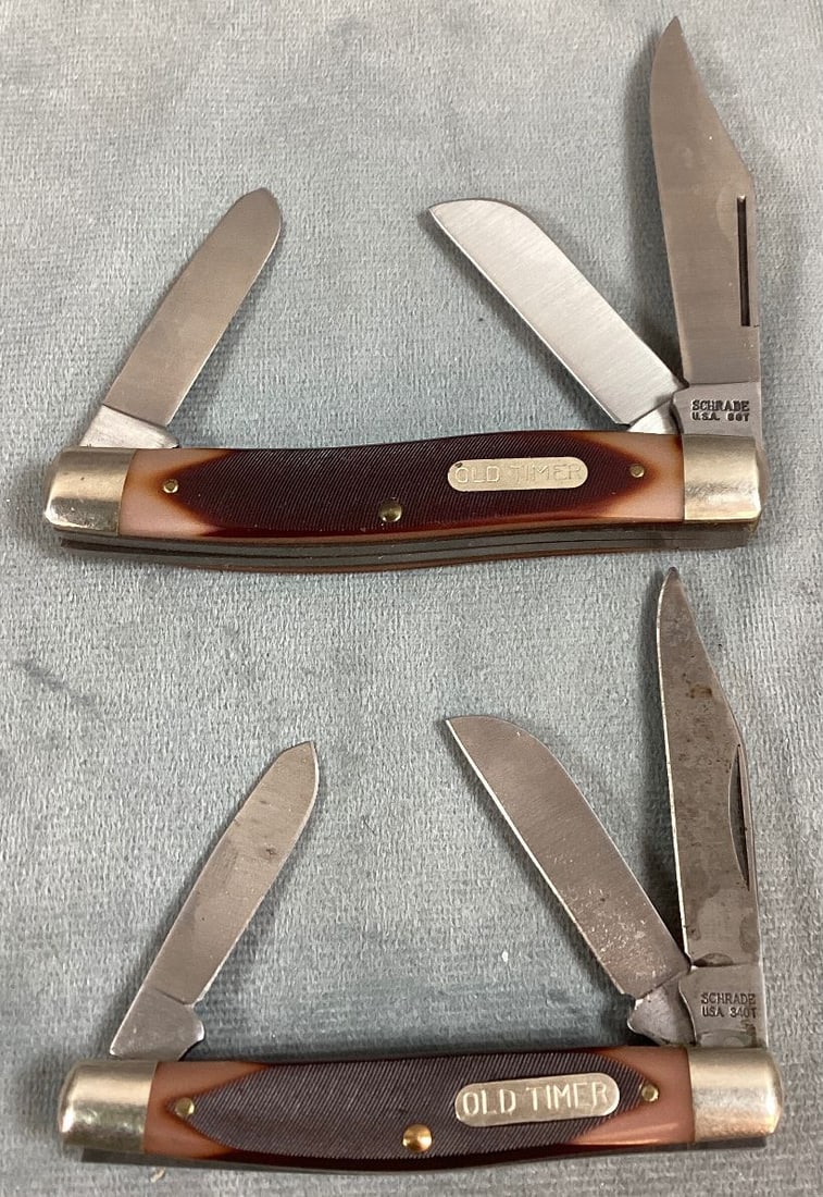 Two Schrade Old Timer Pocket Knives: 340T and 80T with plastic handles. Minor wear. Longest 4" closed.