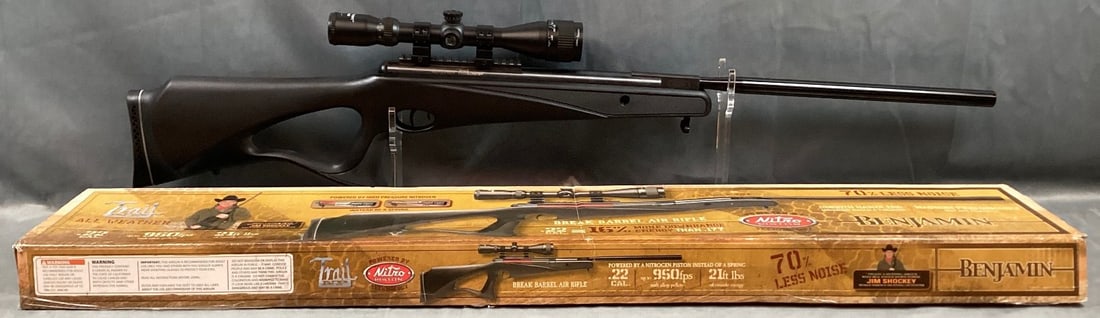 Benjamin Trail NP Air Rifle in 5.5mm/.22: Minor wear. Mounted with Center Point 3-9x40 Scope. In the original box. Bull barrel 18 3/4" Overall 44"