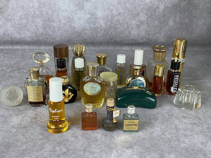 Vintage Perfumes: Three miniature Judith Miller perfumes with partial contents including a Bat-Sheba with paper tag, Replique by Raphael in .29 fl oz-appears unused. Others include Tweed, Heaven Scent, Youth Dew, Inter