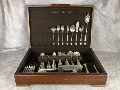 Gorham Sterling Silver Flatware: 1918 patent. Hallmarked for Gorham. All monogrammed. Scratches from use. In a Towle silverware chest. 47.5 ozt of weighable silver.
