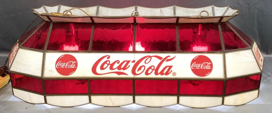 Late 1960s Stained and Leaded Glass Coca Cola Pool Table Light: Has several cracked or damaged panels as seen in photos. Does work. Needs cleaning. 40"L x 16"D x 12"T
