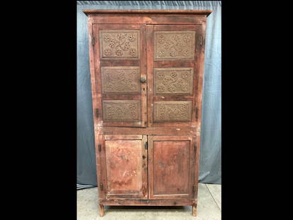 Mid 19th Century Punched Tin Pie Safe Cupboard: Front with six pinwheel tins, further three on each side. Red wash paint. Pegged construction. Missing hardware latches on the front. Appears to have been built for a left handed person. Tins are rust