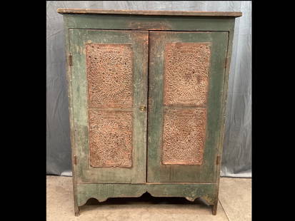 19th Century Shenandoah Valley Pie Safe: Four punched tins on the front, with a further two tins on each side. Seller attributed this to Greene County. Rusty tins, decent amount of green paint left, missing part of latch. Worn corners and so