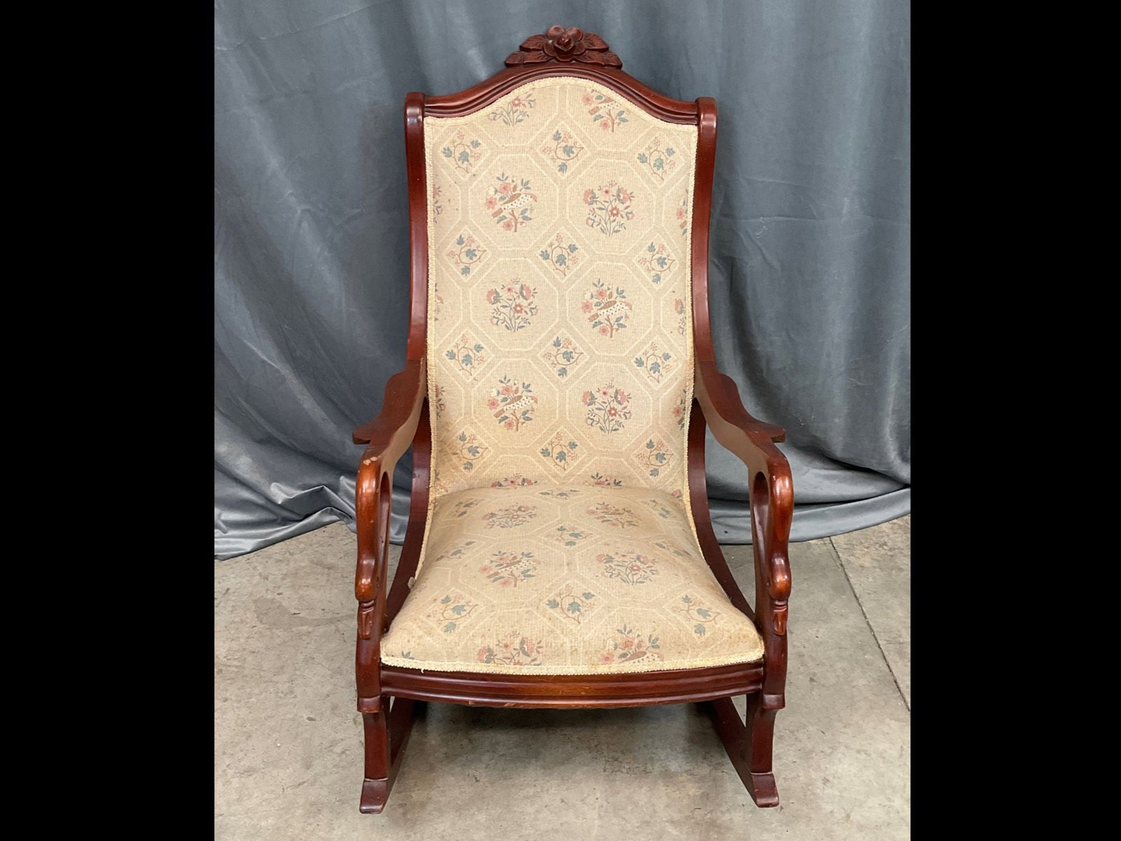 Gooseneck Rocking Chair: Reproduction Victorian. Upholstery needs cleaning, wear to hand rests. 42 inches tall.