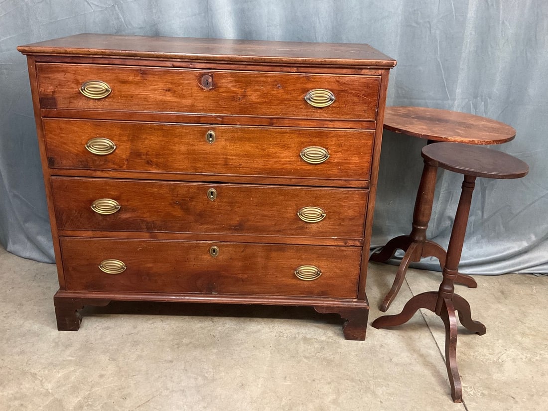 19th Century Furniture: Country Hepplewhite dresser with four graduated drawers. Missing an escutcheon. Top and side are split. Board is loose on the back. Nailed and dovetailed drawers. Fair condition. With small string inl