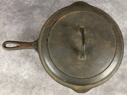 Griswold Cast Iron 9 inch Skillet: No. 8 skillet with self basting cover. Both marked for Griswold. Bear some surface rust, and some scorch marks to underside of skillet.