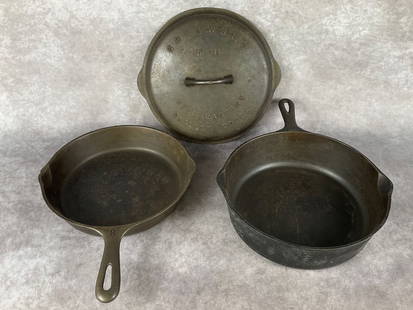 Group of Griswold Cast Iron: 10 inch dutch oven marked 8E that is believed to be Griswold, along with a no. 8 / 10.5 inch skillet marked Made in USA that has a defective chip in rim, and no. 8 self basting skillet cover which is