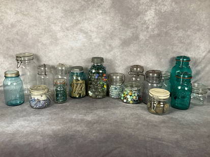 Glass Jars & Marbles: Ball Ideal embossed eagle quart and half gallon jars with lids in cyan blue, Ball no. 7 in lilac, Atlas E-Z Seal in smoke, variety of other vintage glass jars, including several with vintage and conte