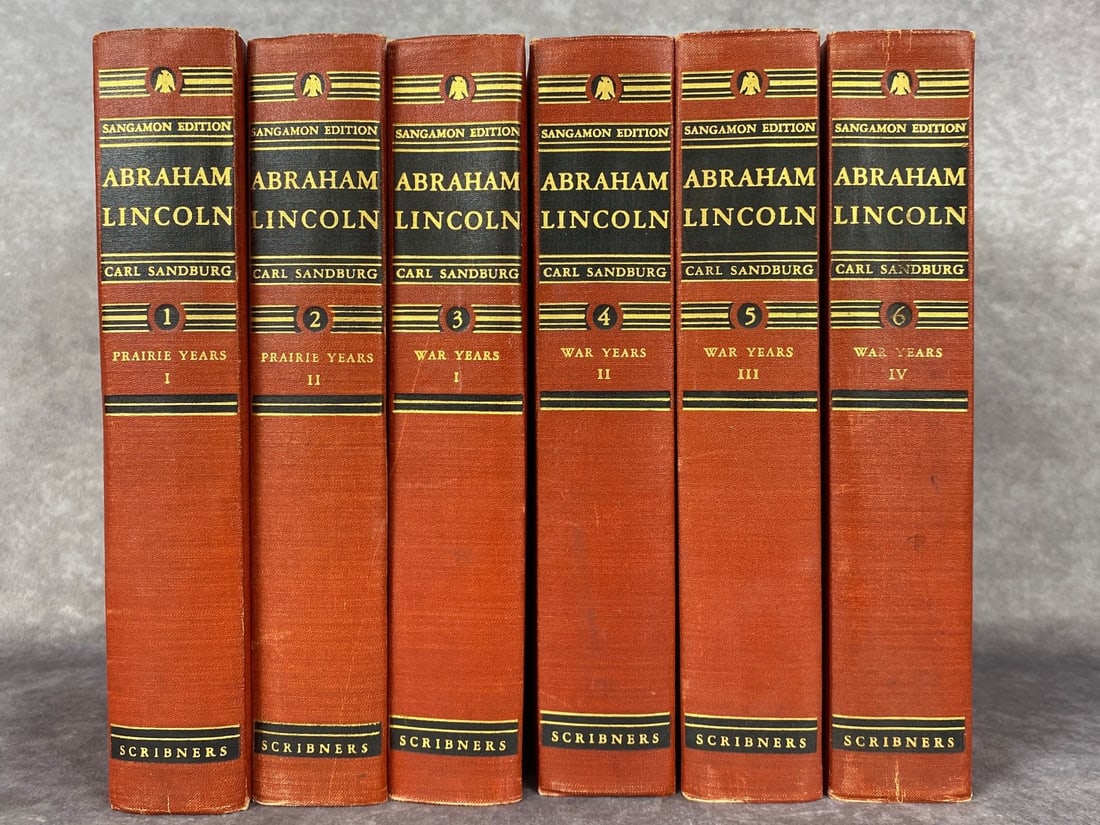 Abraham Lincoln by Sandburg Books: Six volume biography of Abraham Lincoln by Carl Sandburg. The Sagamon Edition published by Charles Scribners Sons, copyrighted 1926. Hardbound in overall good condition, some rubbing to covers and lig
