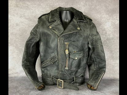 Mid Century Motorcycle Jacket: Original label inside for Beck Northeaster Flying Togs genuine horsehide leather jacket. Circa 1940s-1950s. Two zippered and one snap closure pockets. Belted waist and zippered front with zippered cuf