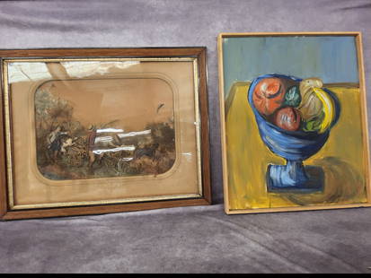 Hunting Framed Diorama and Oil Painting: Pheasant hunting scene. 3 dimensional. Insect damage and discoloration to matting. Frame measures 28.75 x 23. Acrylic fruit still life signed MWR.