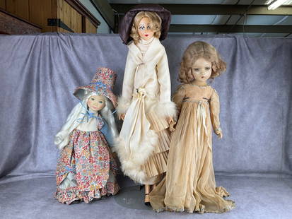 Dolls: 1982 Suzanne Gibson prairie pilgrim doll, fading and stains to clothing. Neckline has been sewn up. Italian Zanini and Zambelli Italian plastic fashion doll, fading and stains to clothes, 24 inches ta