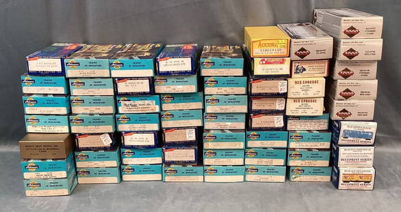 Group of 59 Vintage HO Rolling Stock Car Kits: Various types of cars and road names. All appear to be unassembled. Stored in a damp area. Wear to boxes.