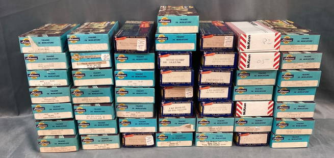 Approximately 45 Vintage HO Rolling Stock Car Kits: There are 50 boxes but a few are empty. All appear unassembled. Wear to boxes. Stored in a damp area.