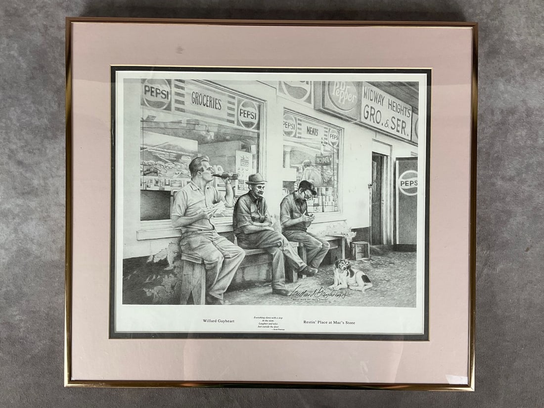 Willard Gayheart Signed Print: Titled Restin Place At Macs Store, by Appalachian pencil artist William Gayheart. Framed and matted, plexiglass is cracked on front. Good condition. Framed dimensions 18 x 16 inches tall.