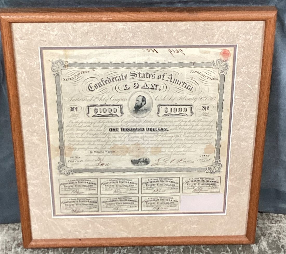 Framed February 20 1863 Stonewall Jackson Confederate $1000 Bond (1 of 8)