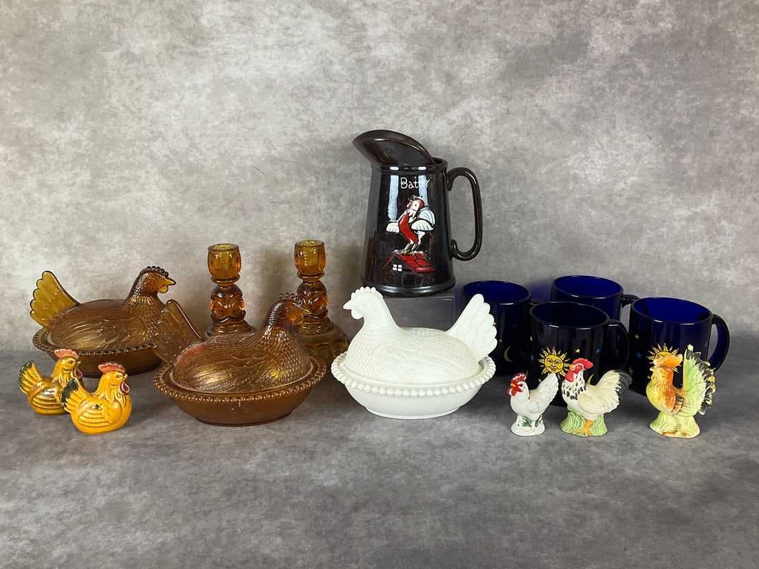 Hen on Nests: One milk glass and two amber glass hen on nests that are likely unmarked Indiana Glass in good condition. 7 x 5.5 x 5.5 inches tall. Also, a 7.25 inch tall brown luster redware batter pitcher with pai