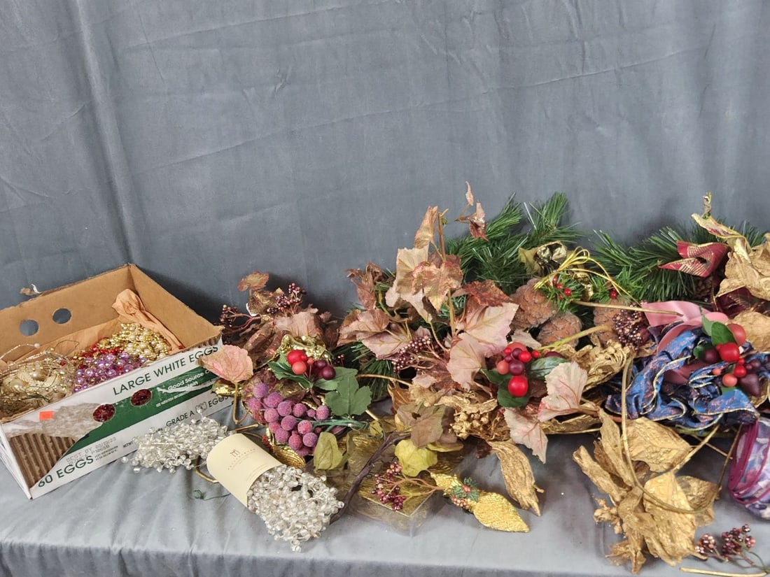 Garland, Wreath and Mantel Decorations: Wired ribbon, stemmed and wired leaves, fruit, pinecones and berries. Large assortment of plastic prisms, pearls, beads. Pottery Barn pepper berry garland. Fair to good used condition.