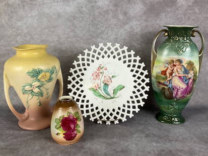 Art Pottery & Glass: Hull Pottery Wildflower 9.5 inch tall vase, antique milk glass lattice plate with handpainted floral decoration, 12 inch tall porcelain amphora with Victoria Austria stamp on bottom, and a porcelain b