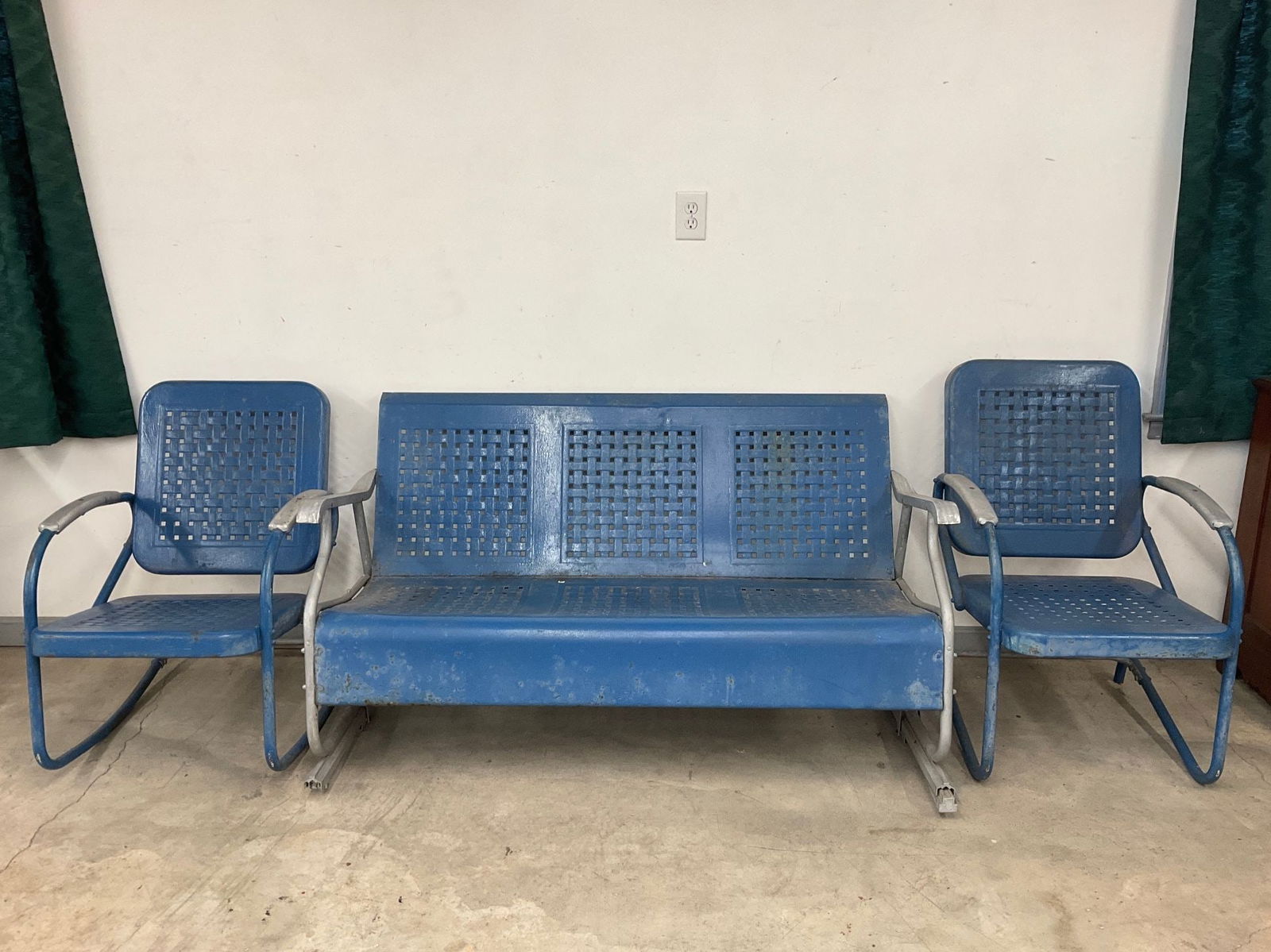 Metal Glider Patio Set: Blue painted vintage metal porch glider with two armchairs. Basketweave pattern to seats and seat backs. Paint is not original. Some presence of rust and general wear with weathering. Aluminum chair a