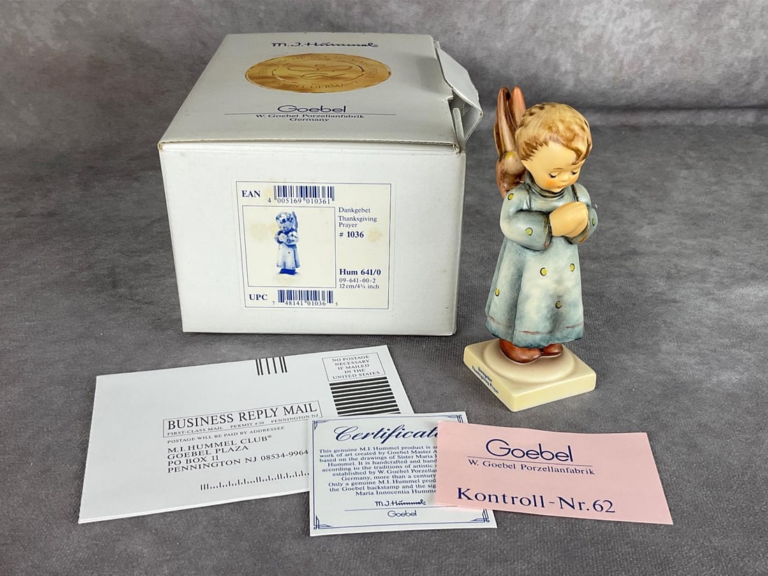 Hummel Thanksgiving Prayer Figurine: With box and papers. He is 4.75 inches tall. Good condition with wear to box.