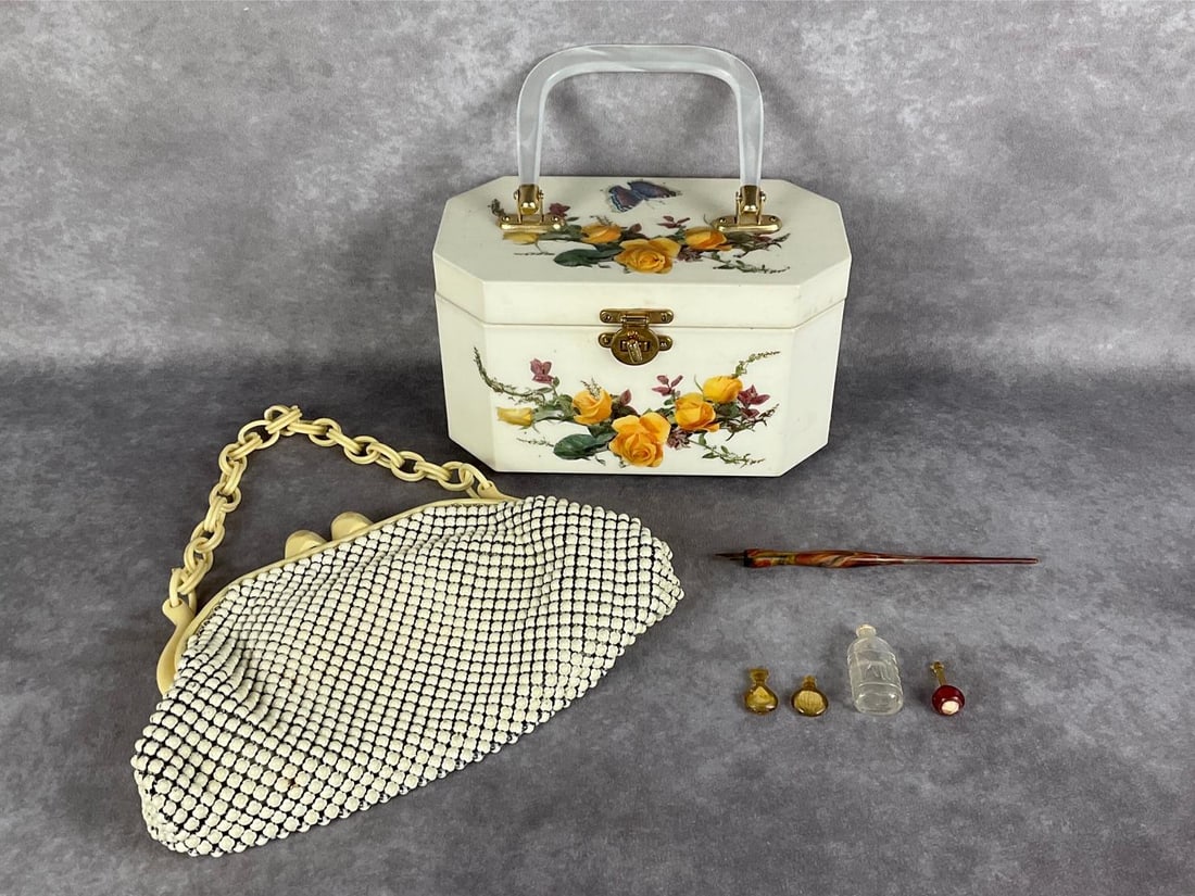 Ladies Vintage Handbags: Octagon shaped decoupage box purse with white lucite handle, puffy floral and butterfly decorations. Mirrored interior top. Signed on bottom, E.S.J., (19)77. Overall good condition. 9 x 5 x 5.5 inches