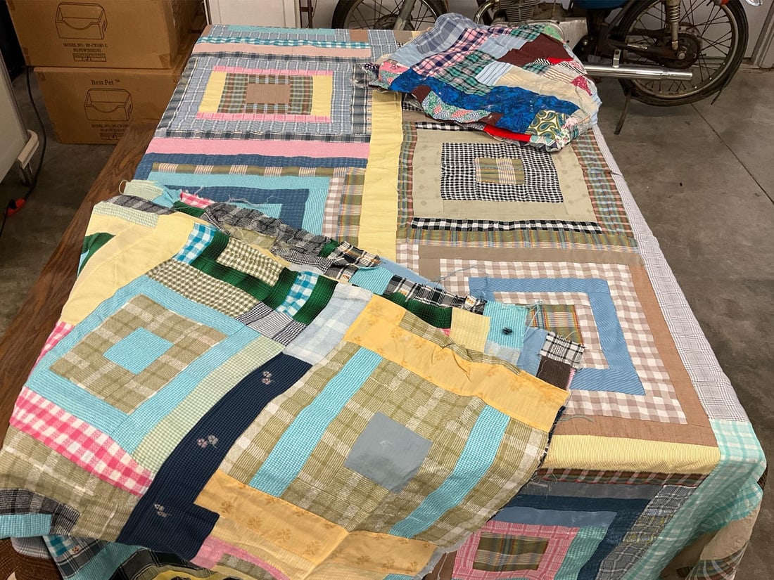 Unfinished Quilt Tops: All three are incomplete. One made with scrap fabric that has painted numbers on it. Fair to good condition.