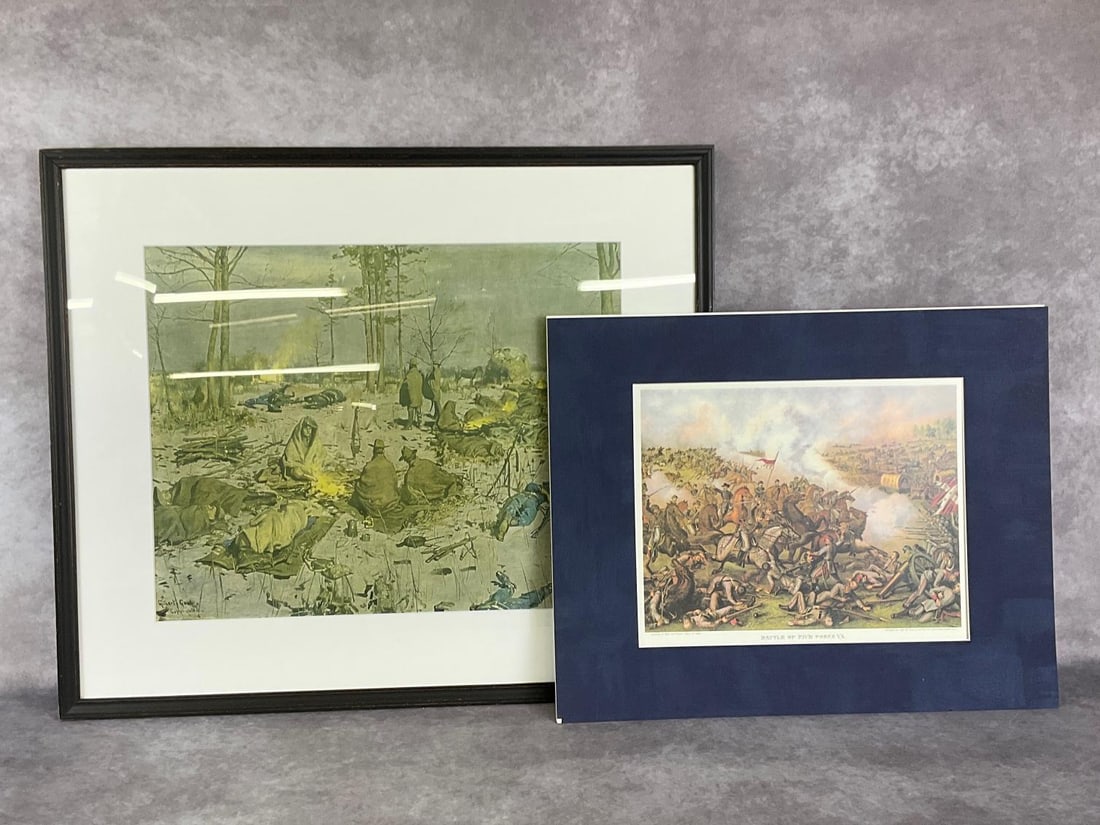 Two Civil War Prints: Gilbert Gaul, Waiting for Dawn print, professionally framed and matted in good condition. Framed dimensions 26.25 x 22.5 inches tall. Also, 13.5 x 11 inch print of Battle of Five Forks,VA, that comes