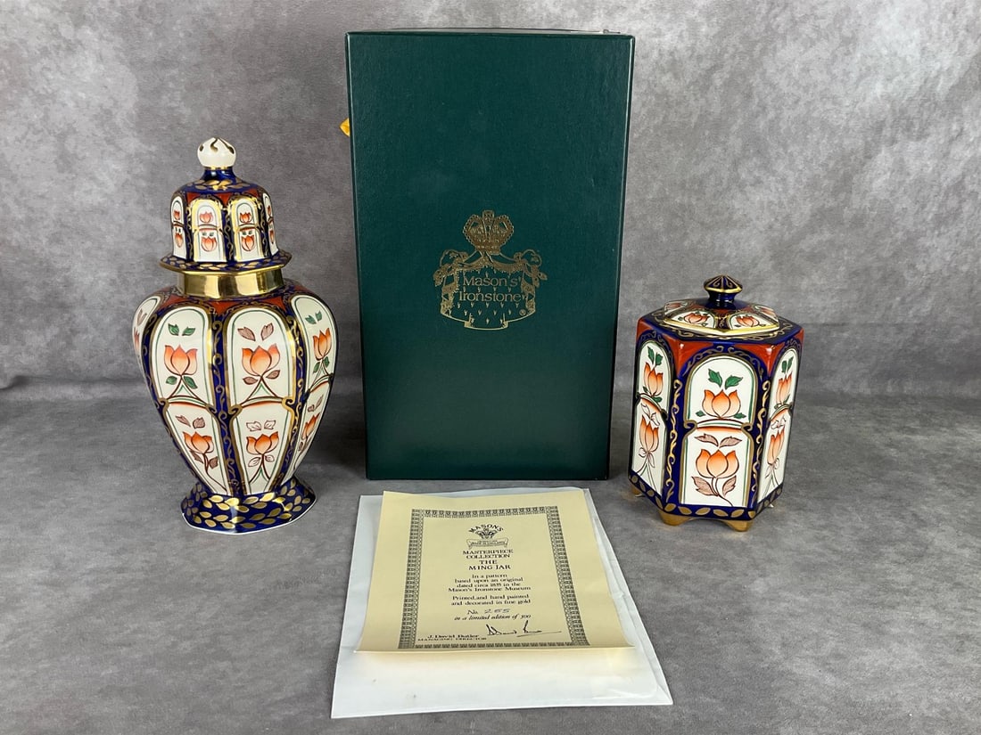Mason's Ironstone: Both pieces from their Masterpiece Collection. The Ming Jar is based upon an original dated circa 1835. No. 255 of 500. With the Tokyo Vase Petit from the same collection. Good condition. Tallest is 1