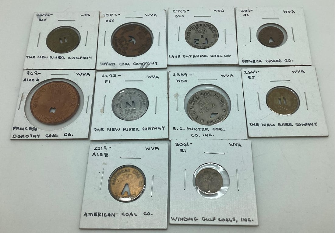 Lot of 10 Different West Virginia Coal Mining Scrip Tokens (1 of 2)