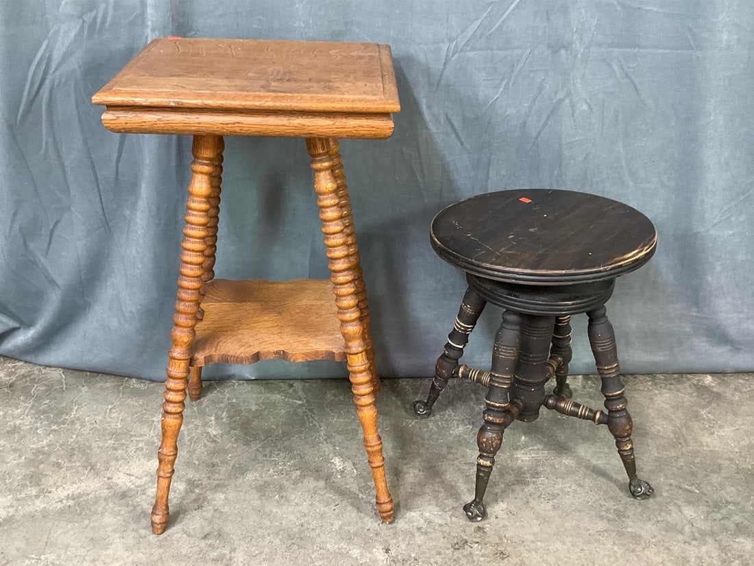 Antique Spool Leg Table & Piano Stool (1 of 9)