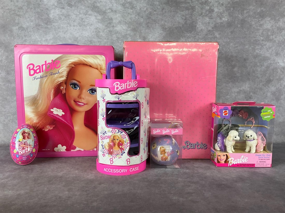 Barbie Cases & More: 1993 Barbie Fashion Trunk made by Tara Toy Corp, 1985 Barbie Fashion Doll Case, 1991 Accessory Case by Tara Toy, sealed in box Dress-Up Pets Ballet Recital poodles #67388, ornament, and empty Russel S