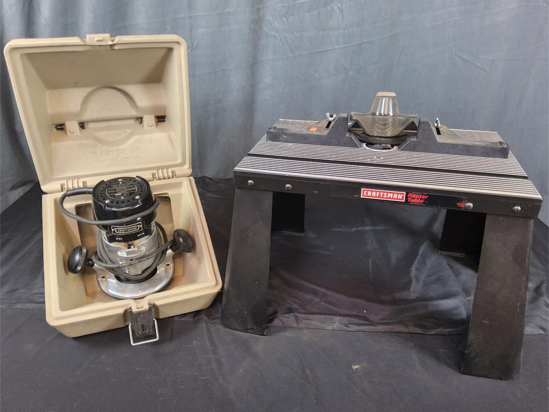 Craftsman Router and Router Table: Router Sears model no. 315.17360 with plastic Craftsman Carrying Case. Powers on. Metal Craftsman table is 18 x 21 x 14. Good condition. Both made in USA