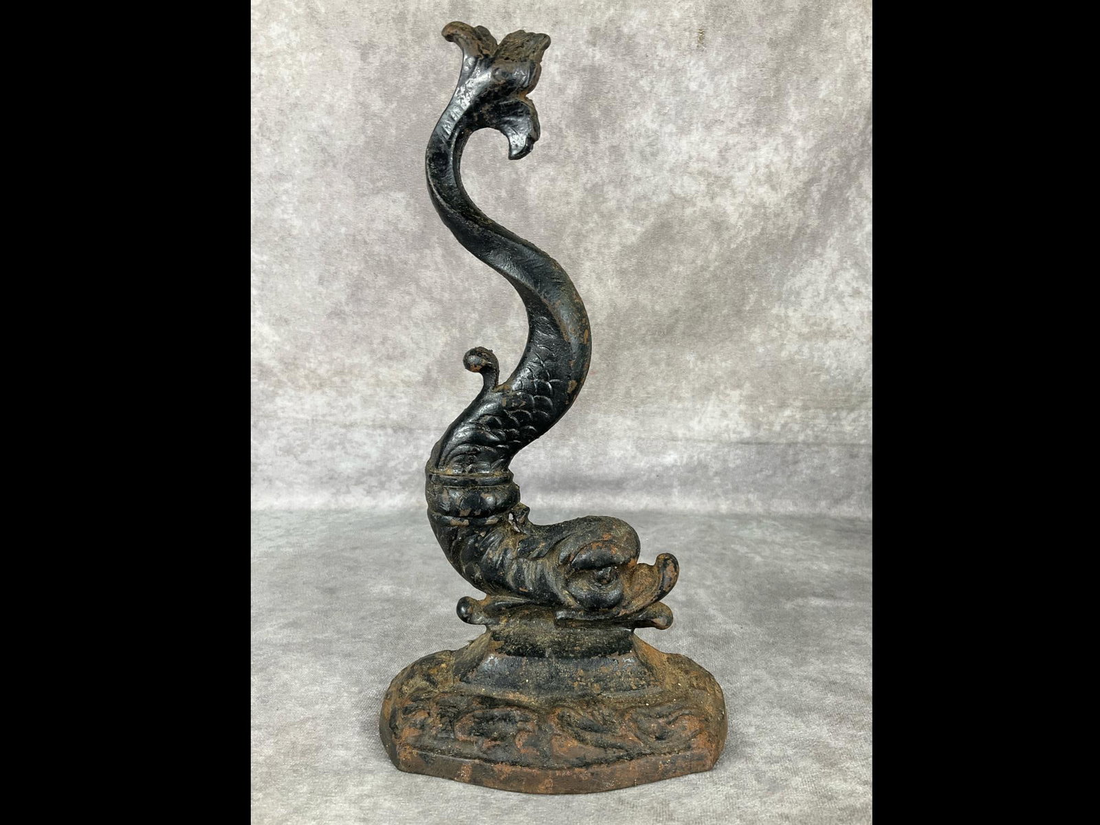 Cast Iron Porpoise Dolphin Doorstop: Some moderate rust. 6.25 inches wide x 12 inches tall.