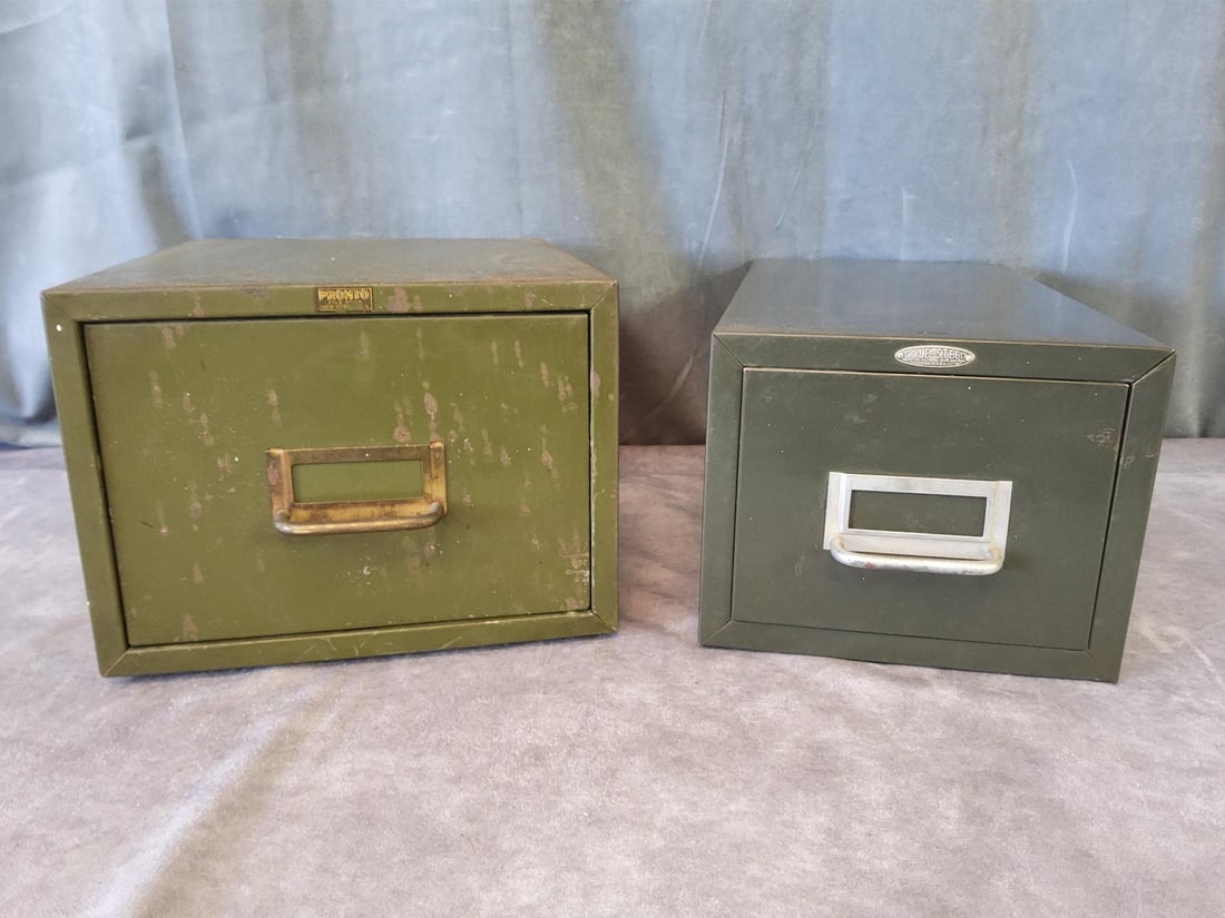 Metal File Drawers: One is made by Pronto File Co. New York and measures 9.5 wide x 12 x 7 inches tall. Some outer surface rust with interior in good condition. Other is made by Cole Steel Equipment Co. New York and meas