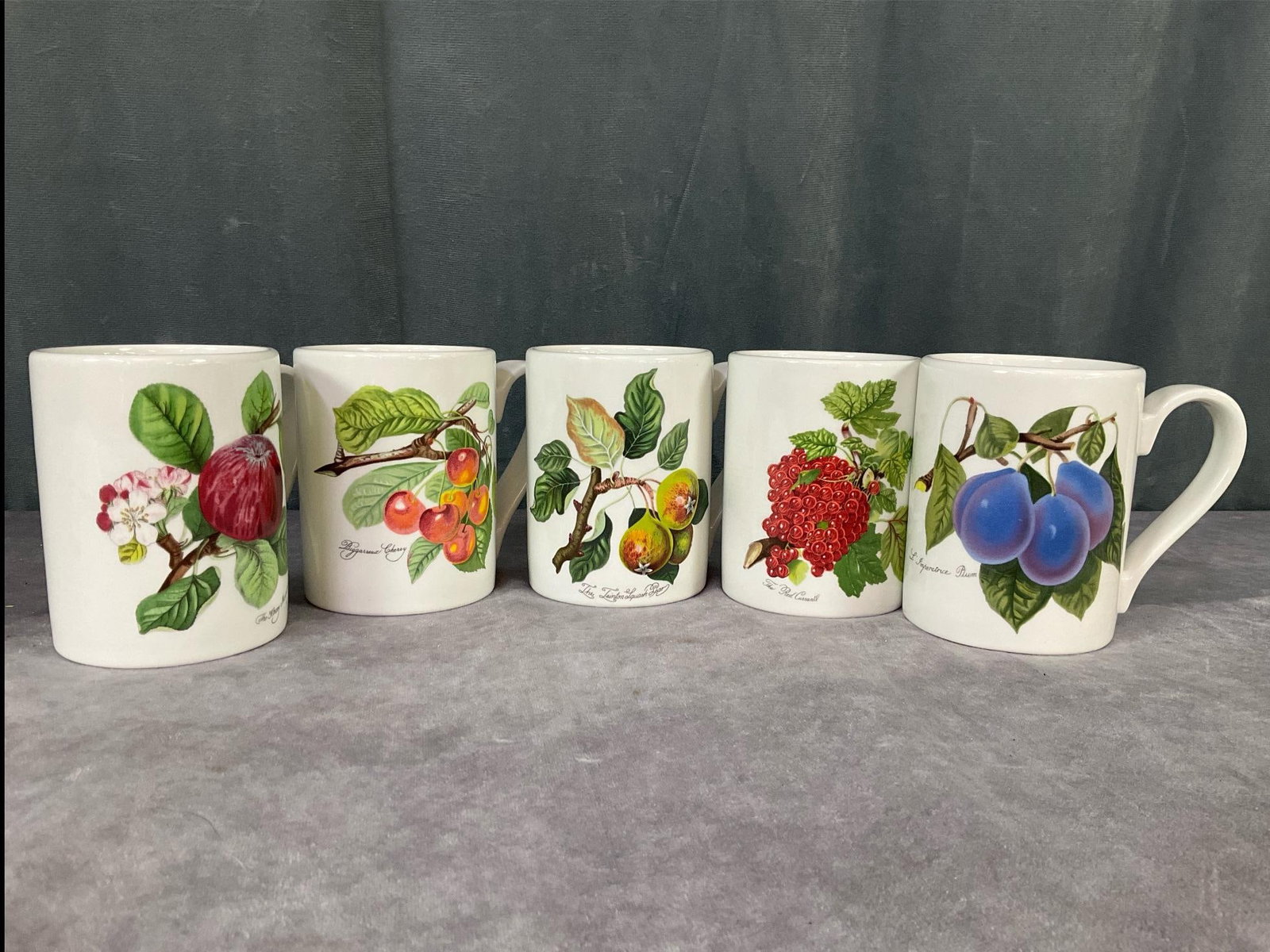 Portmeirion Pomona Mug Set: Five mugs in fruit design collection. Mugs are 4 inches tall. All have apple blossom design on back. Good condition. Stand is not included.