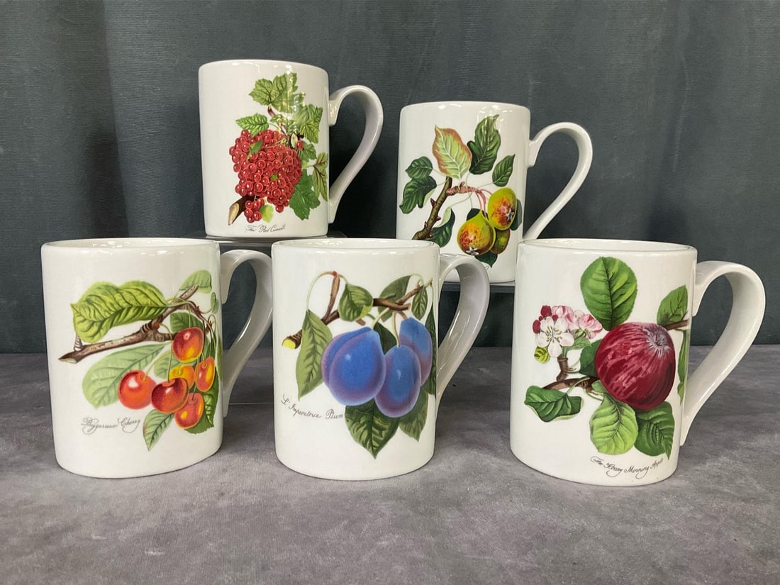 Portmeirion Pomona Coffee Mugs: Set of five 4 inch handled mugs. Fruit Collection. Each mug has apple blossom on one side and fruit on the other. All are in very good condition. Stands are not included.