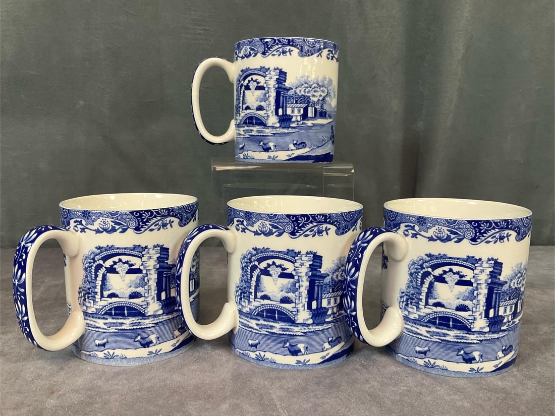Four Spode Coffee Cups: Italian Design C. 1816-A9. 3.5 inches tall. Very good condition. Appear to have not been used. Stand is not included.