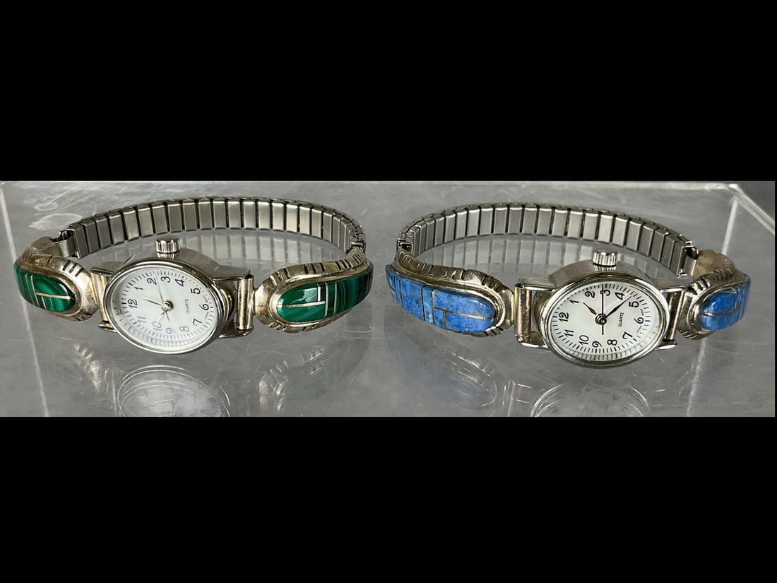 Native American Sterling Wristwatches: Both marked Sterling with the same unidentified hallmark of what may be an eagle talon. One with malachite and the other lapis lazuli. Both are in good condition but non working. Likely need new batte