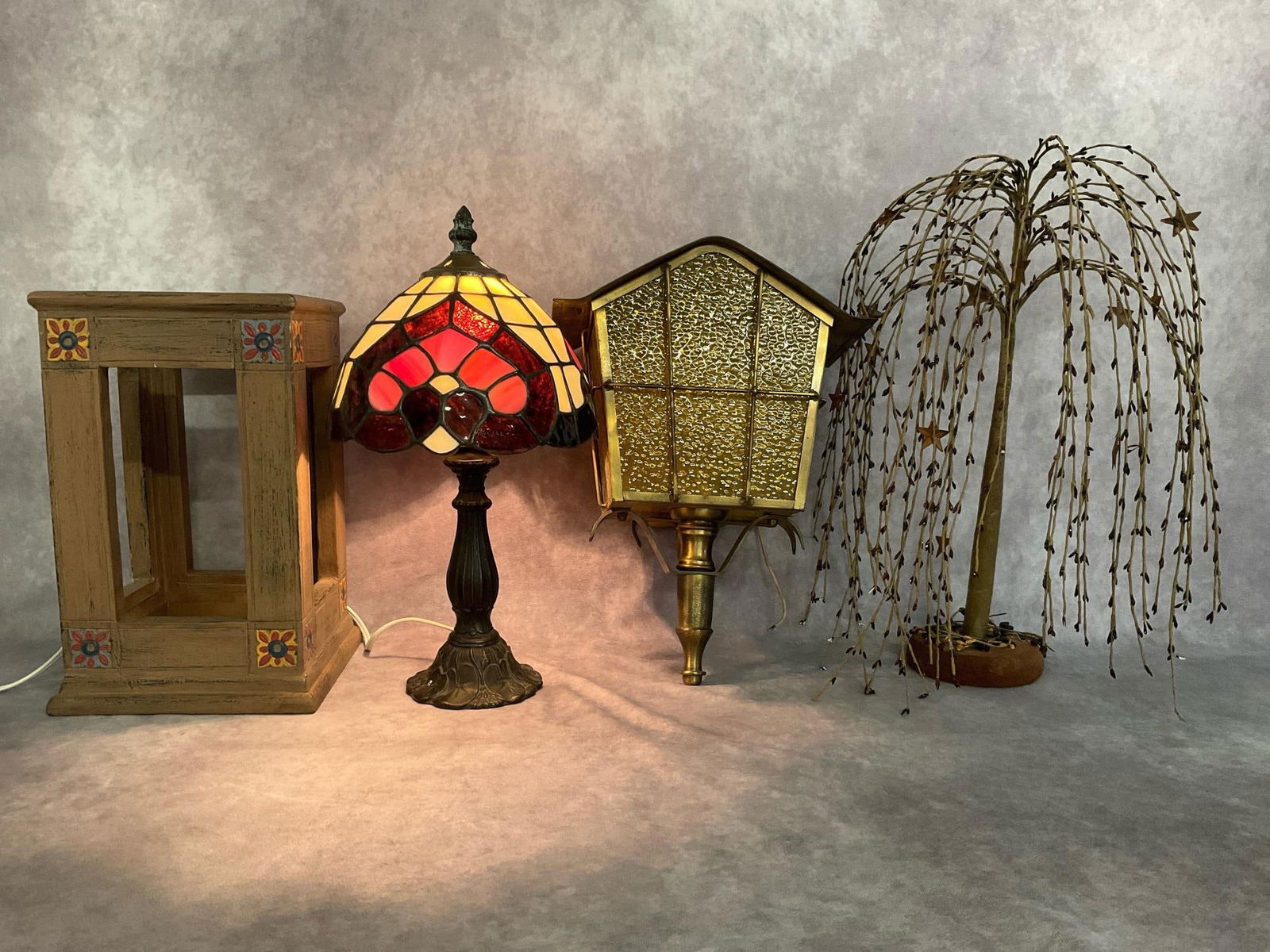 Stained Glass Lamp, Willow Tree, & More: Boudoir lamp is modern with a rewired cord that is over 10 feet long. One of the root beer colored glass panels is cracked. Along with a 1960's Lightolier pebbled amber glass lantern style light fixtu