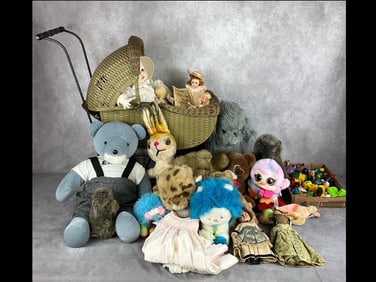 Antique Wicker Doll Carriage, Plush Toys, & More