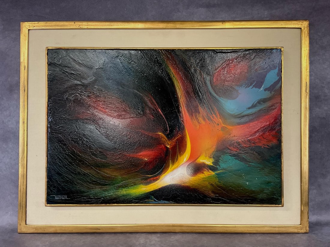 Leonardo Nierman Signed Painting: Titled - Prophesy (sic). Abstract oil on masonite in bold colors on black ground. Signed in lower left corner by the Mexican artist (b. 1932 - d. 2023). Includes two certificates of authenticity dated