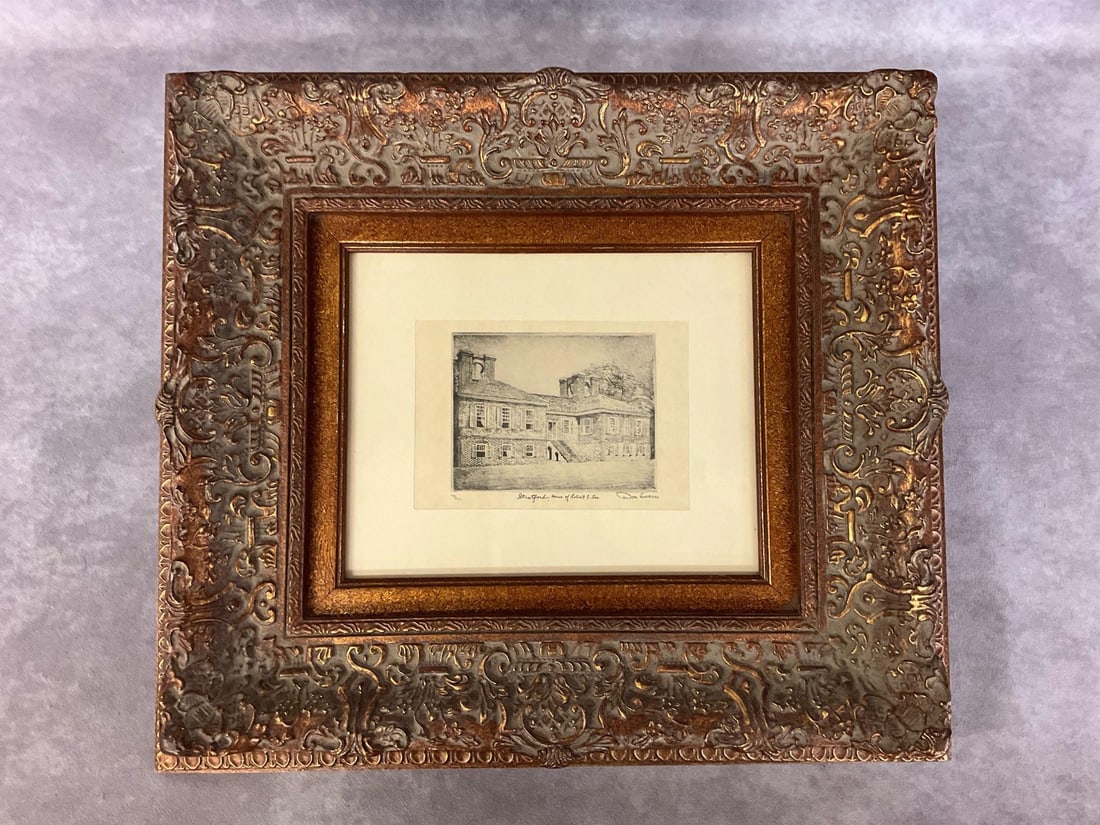 Robert E. Lee Homeplace Engraving: Print of an original engraving titled Stratford, Home of Robert E. Lee, by Don Swann. Professionally and ornately framed and matted. Framed dimensions 18 inches wide x 16 inches tall. Good condition.