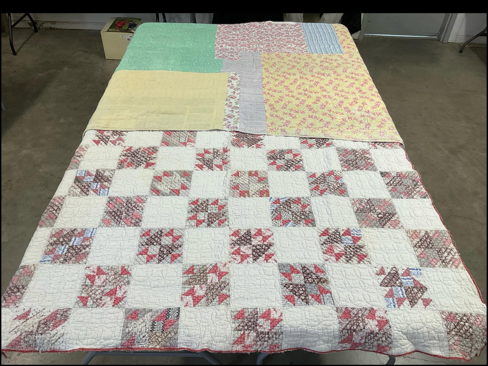 Patchwork Quilts: Both are in poor condition with holes, loss of filler, stains, frayed edges etc. Bow tie square quilt is hand stitched with machined edge. 65 x 70. Patchwork with feedsack material is primarily machin