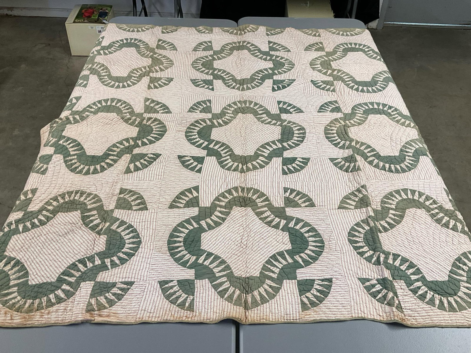 Green Garden Pathways Quilt: Hand stitched with machine stitched edge. Some fading and staining. All colors are softened. 70 x 76 inches.