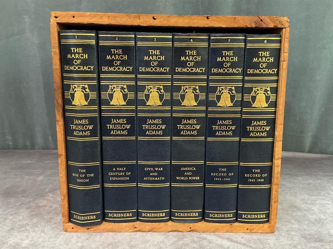 1940s Scribner's March of Democracy Books: 1947 six volume set in original crate, 11 inches x 11 inches x 7 inches. Good condition, one broken piece off back panel.